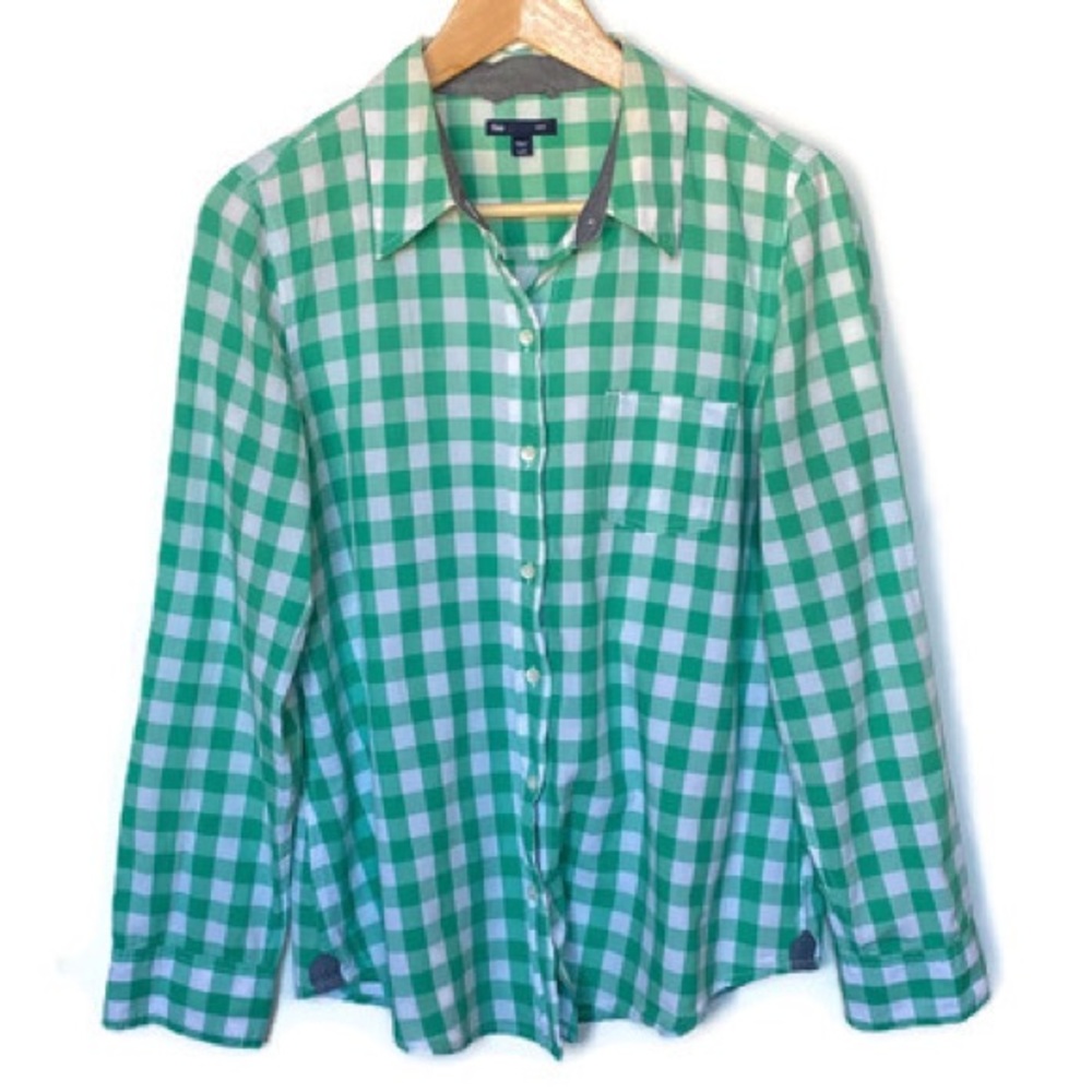 GAP White Green Plaid Gingham Check Long Sleeve Button Up Shirt Size Lar…